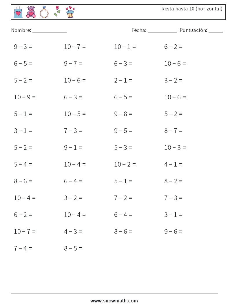(50) Resta hasta 10 (horizontal) Hojas de trabajo de matemáticas 8