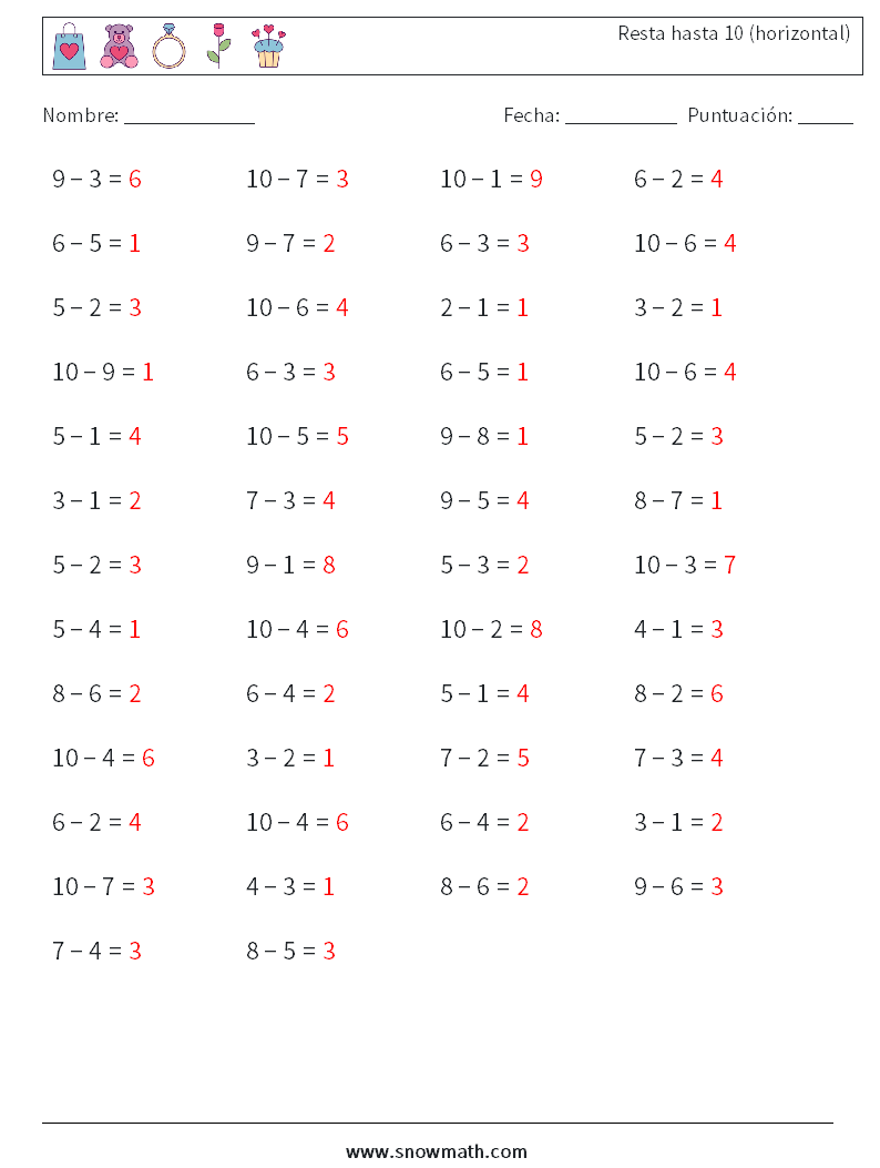 (50) Resta hasta 10 (horizontal) Hojas de trabajo de matemáticas 8 Pregunta, respuesta