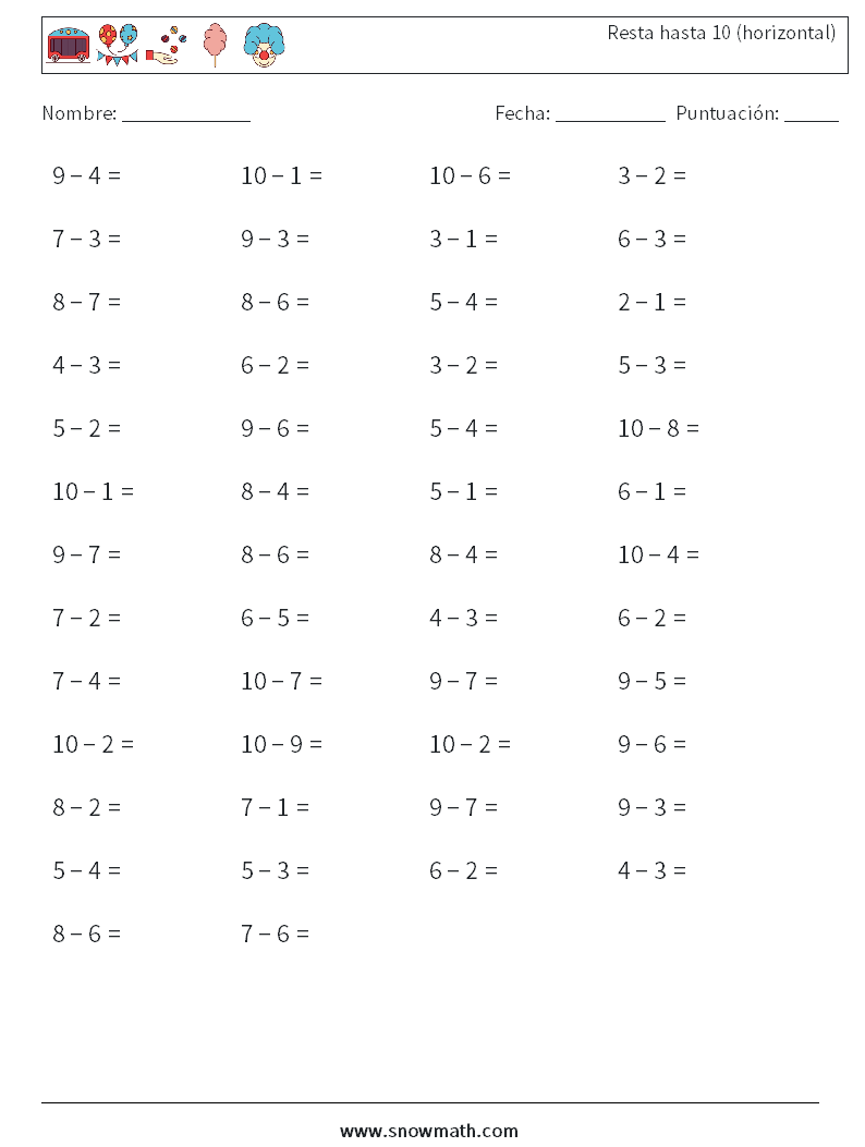 (50) Resta hasta 10 (horizontal) Hojas de trabajo de matemáticas 9