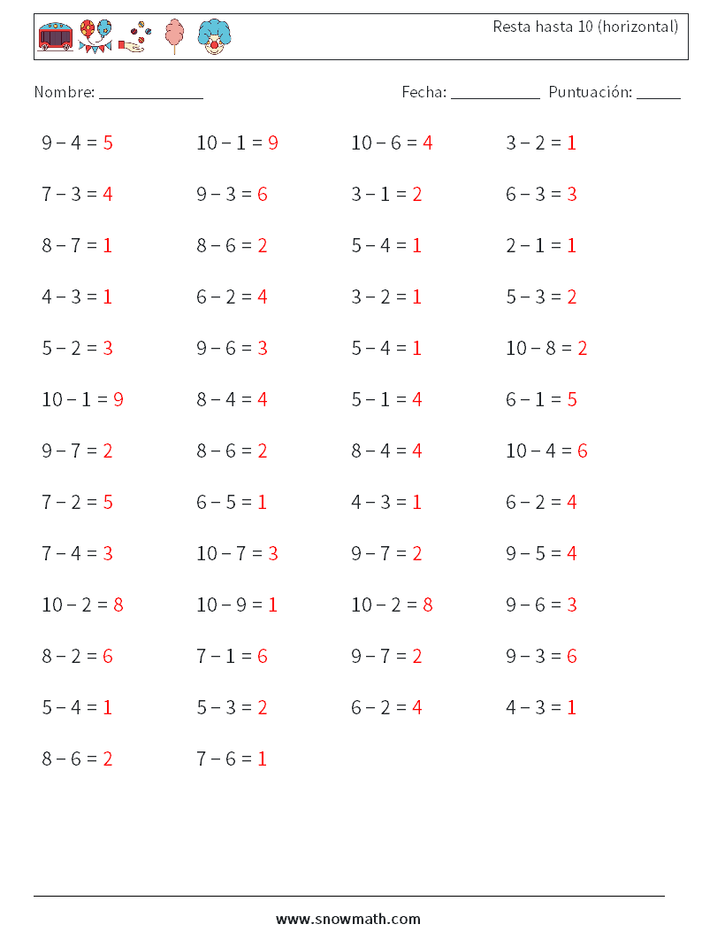 (50) Resta hasta 10 (horizontal) Hojas de trabajo de matemáticas 9 Pregunta, respuesta