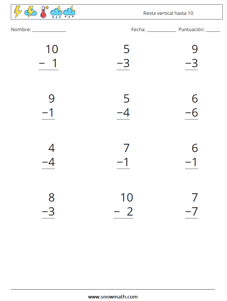 (12) Resta vertical hasta 10 Hojas de trabajo de matemáticas 1