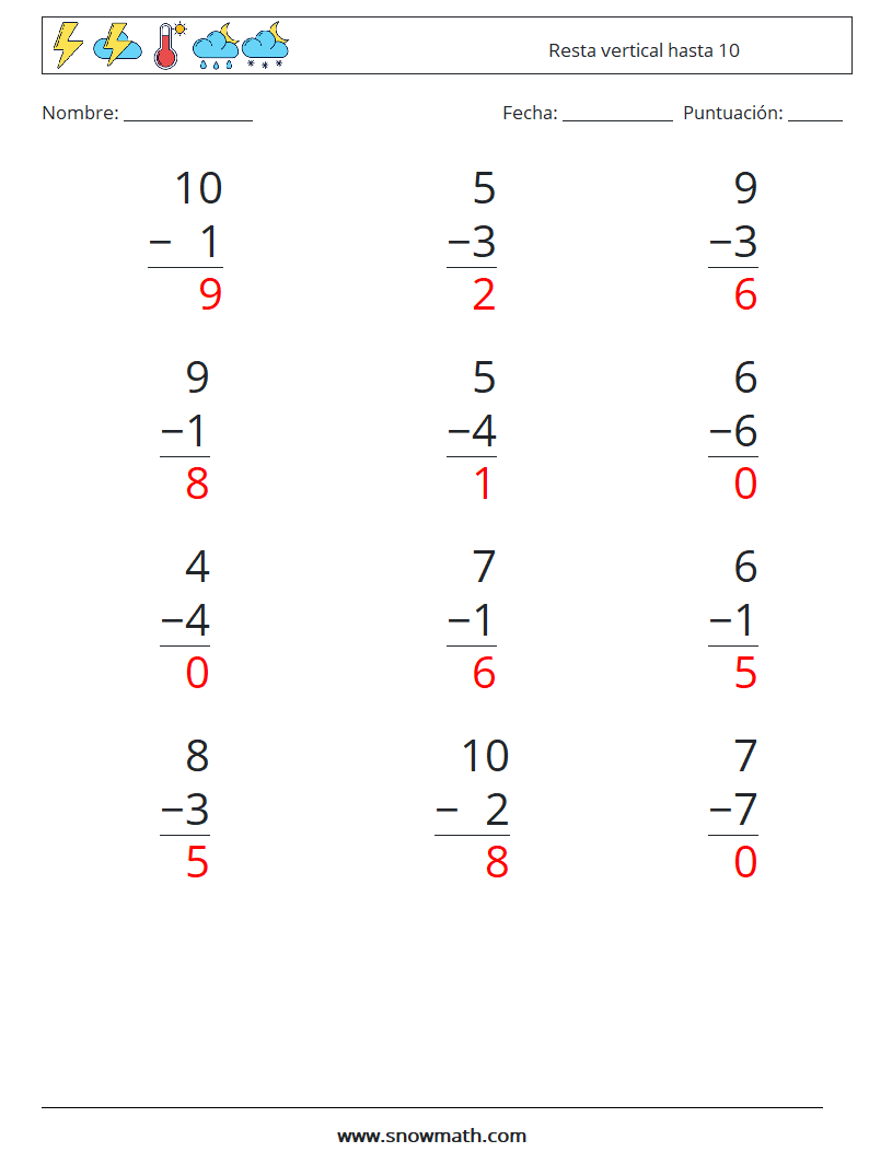 (12) Resta vertical hasta 10 Hojas de trabajo de matemáticas 1 Pregunta, respuesta