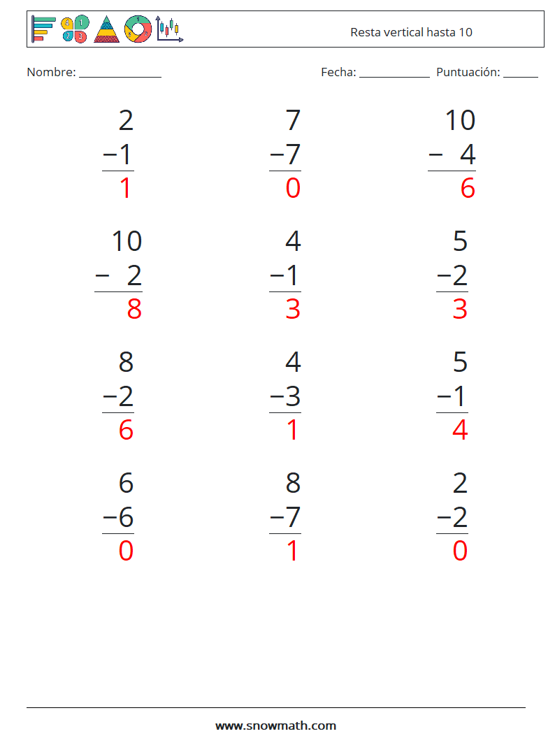 (12) Resta vertical hasta 10 Hojas de trabajo de matemáticas 2 Pregunta, respuesta