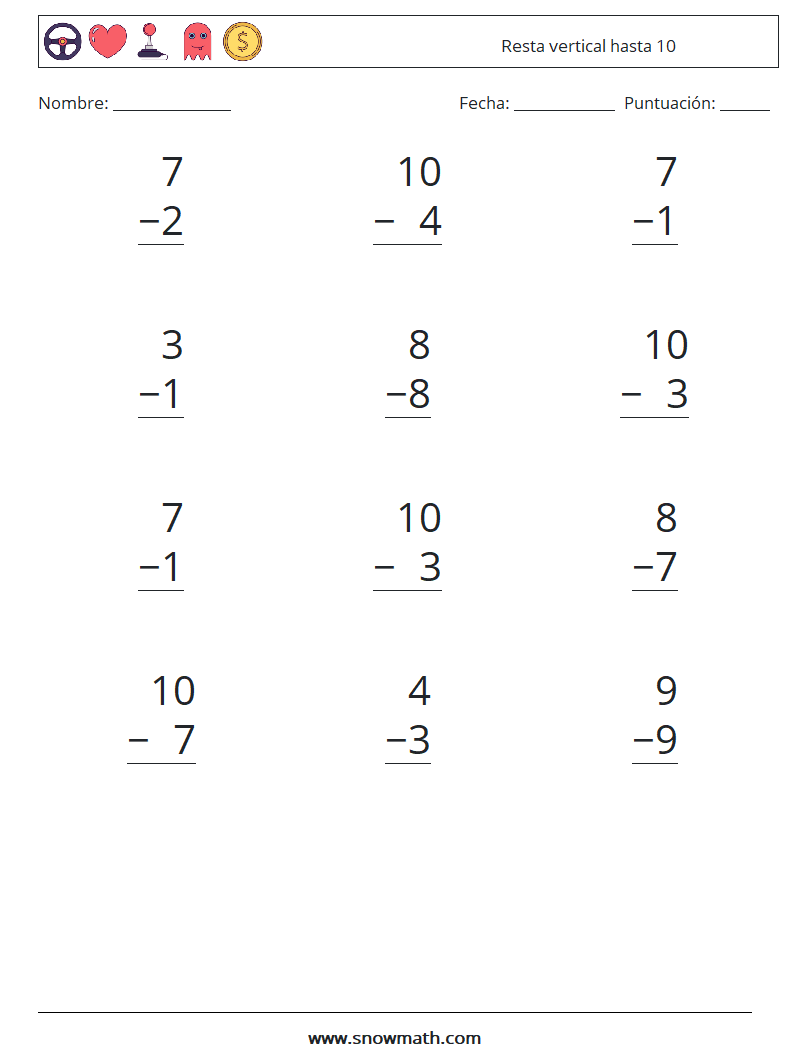 (12) Resta vertical hasta 10 Hojas de trabajo de matemáticas 3