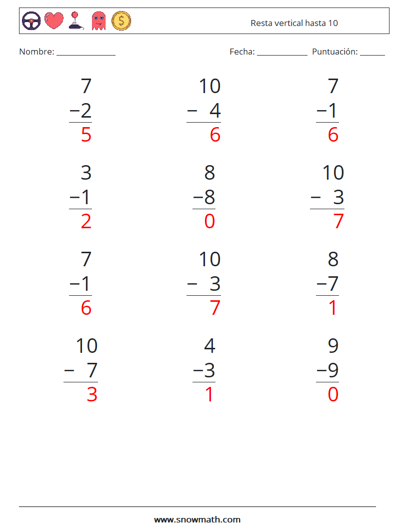 (12) Resta vertical hasta 10 Hojas de trabajo de matemáticas 3 Pregunta, respuesta
