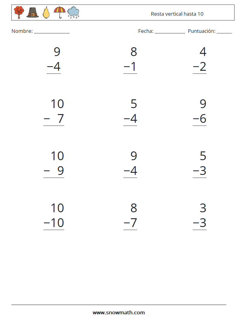 (12) Resta vertical hasta 10 Hojas de trabajo de matemáticas 4