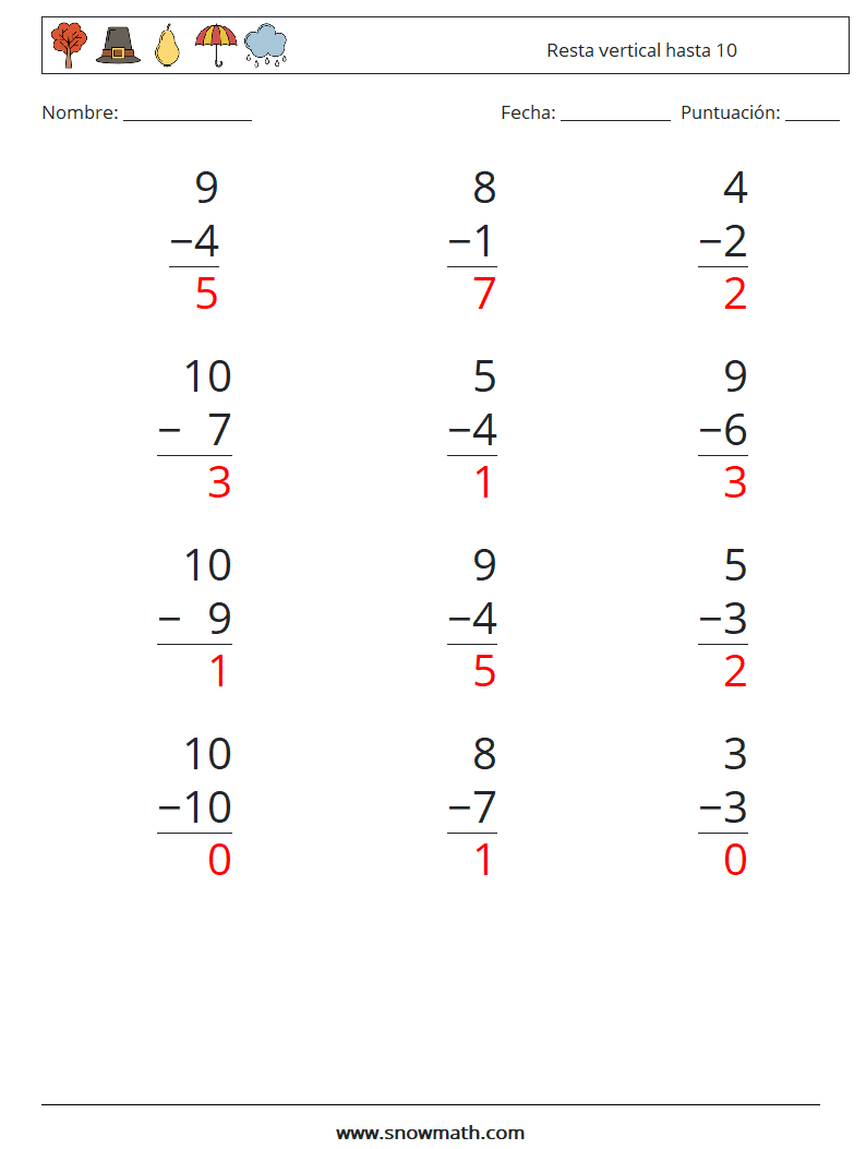 (12) Resta vertical hasta 10 Hojas de trabajo de matemáticas 4 Pregunta, respuesta