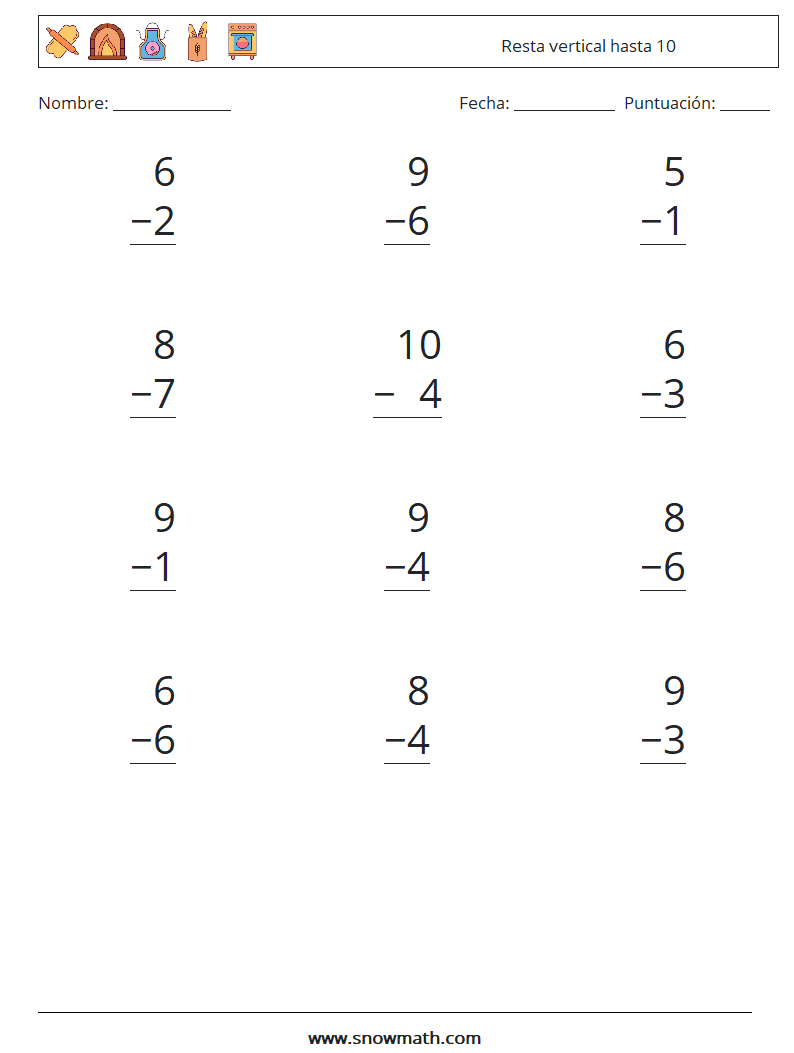 (12) Resta vertical hasta 10 Hojas de trabajo de matemáticas 5