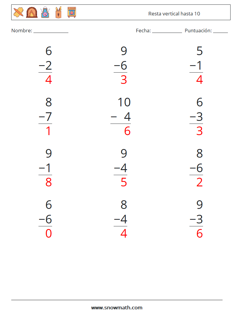 (12) Resta vertical hasta 10 Hojas de trabajo de matemáticas 5 Pregunta, respuesta