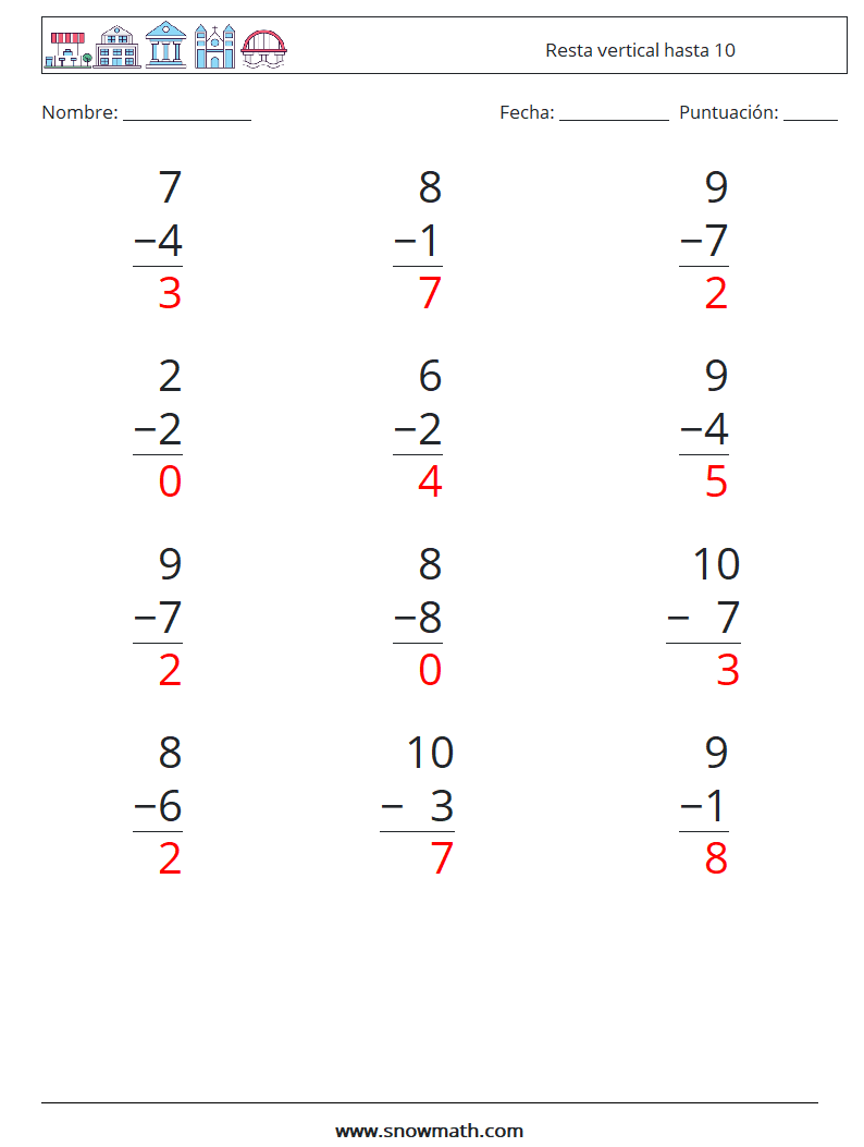 (12) Resta vertical hasta 10 Hojas de trabajo de matemáticas 6 Pregunta, respuesta