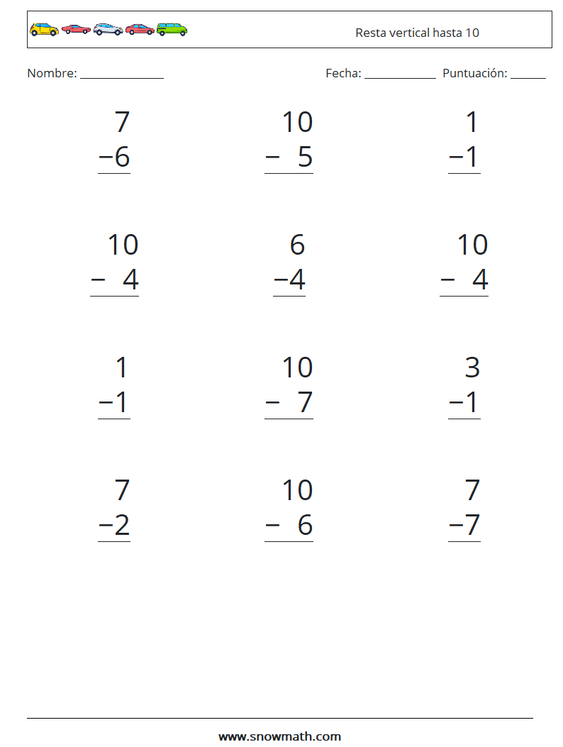 (12) Resta vertical hasta 10 Hojas de trabajo de matemáticas 7