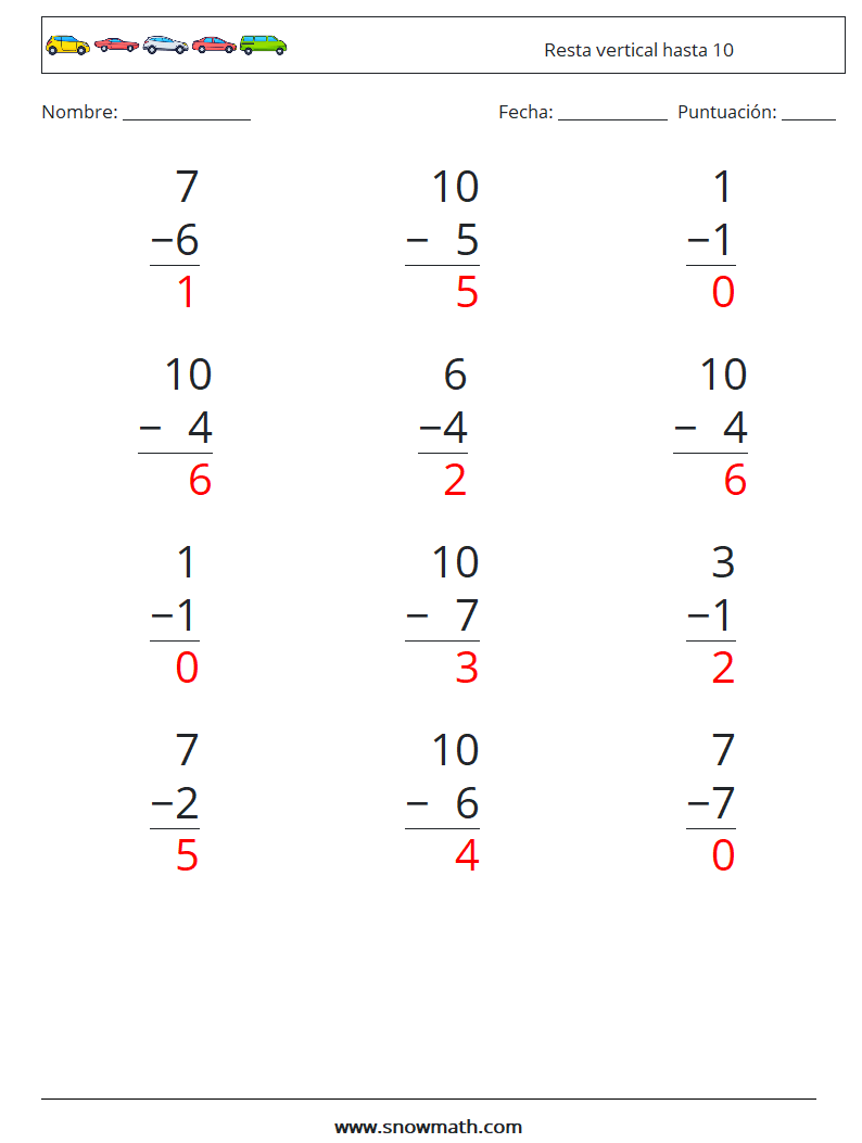 (12) Resta vertical hasta 10 Hojas de trabajo de matemáticas 7 Pregunta, respuesta