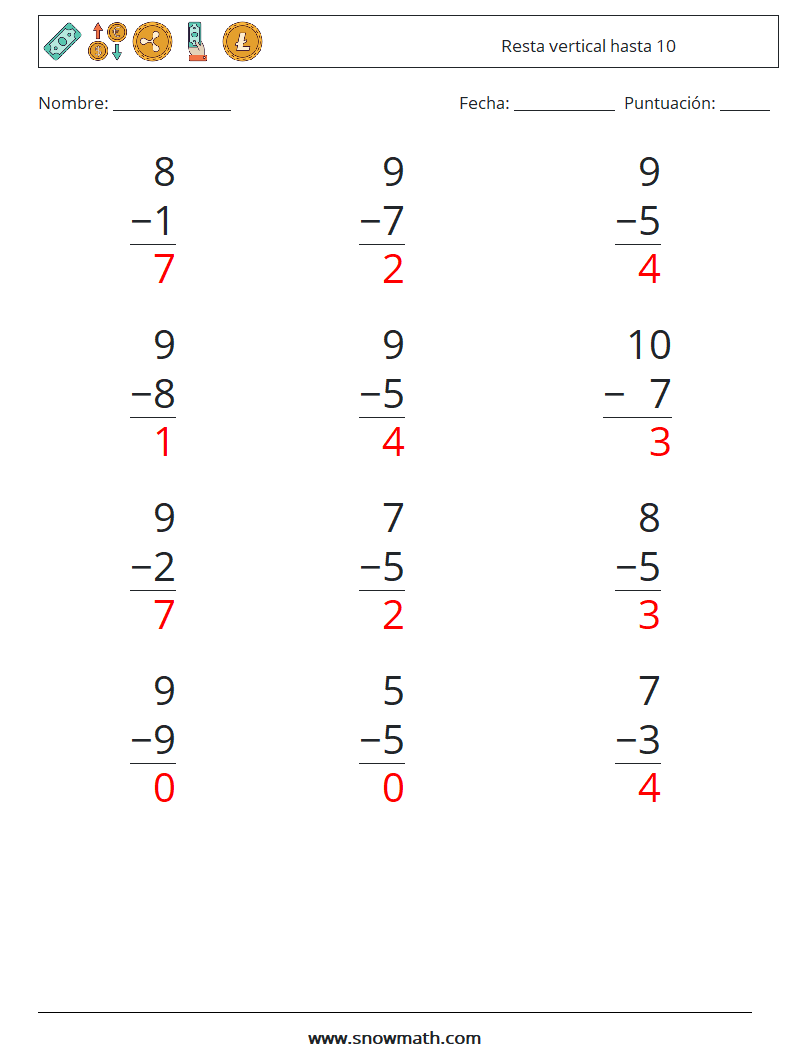 (12) Resta vertical hasta 10 Hojas de trabajo de matemáticas 8 Pregunta, respuesta