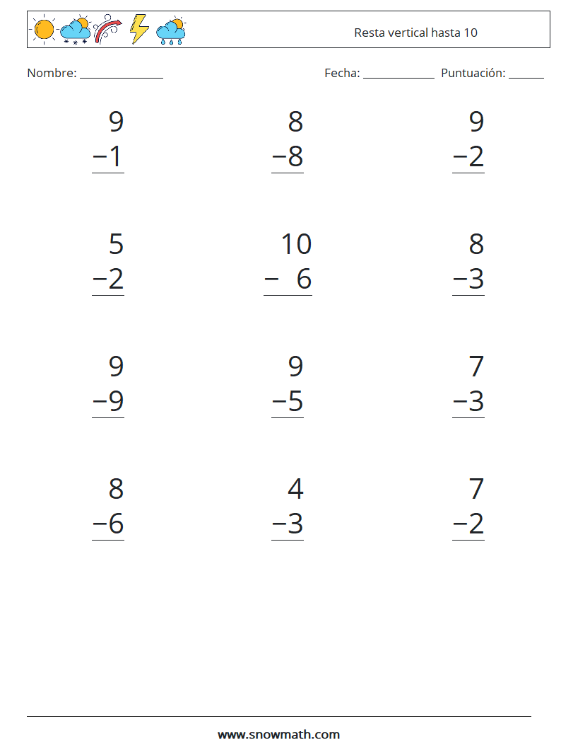 (12) Resta vertical hasta 10 Hojas de trabajo de matemáticas 9