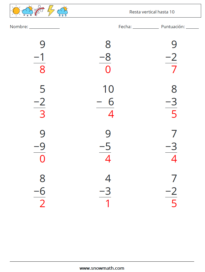 (12) Resta vertical hasta 10 Hojas de trabajo de matemáticas 9 Pregunta, respuesta