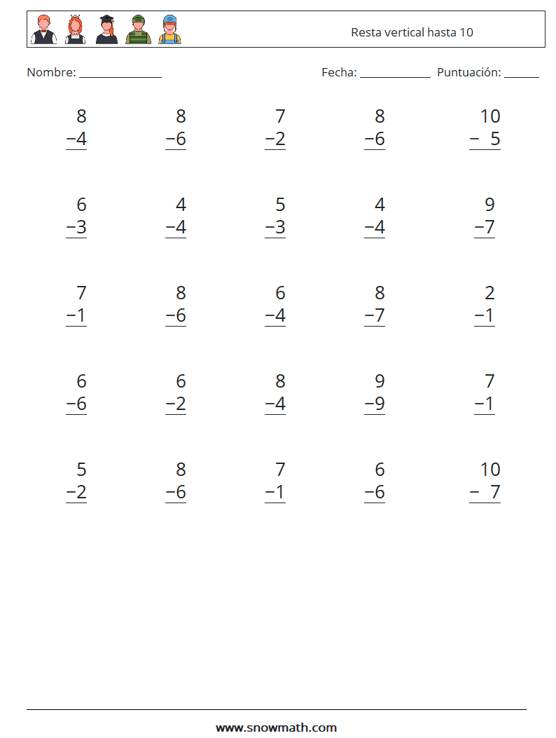 (25) Resta vertical hasta 10 Hojas de trabajo de matemáticas 1