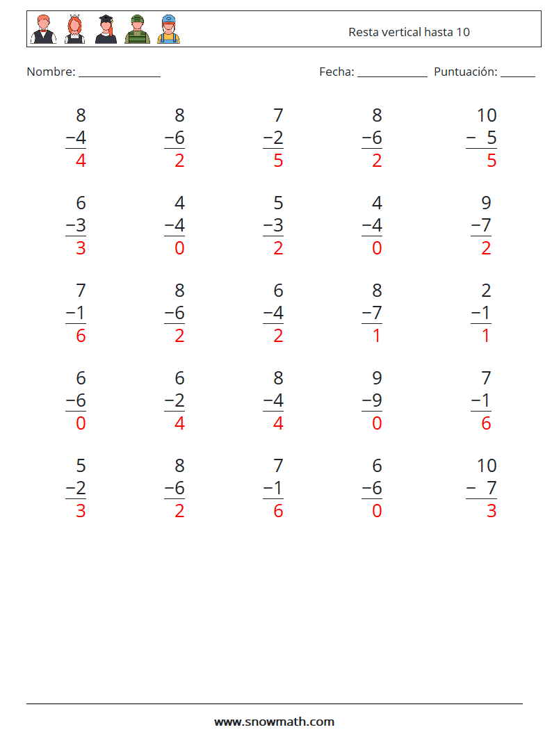 (25) Resta vertical hasta 10 Hojas de trabajo de matemáticas 1 Pregunta, respuesta