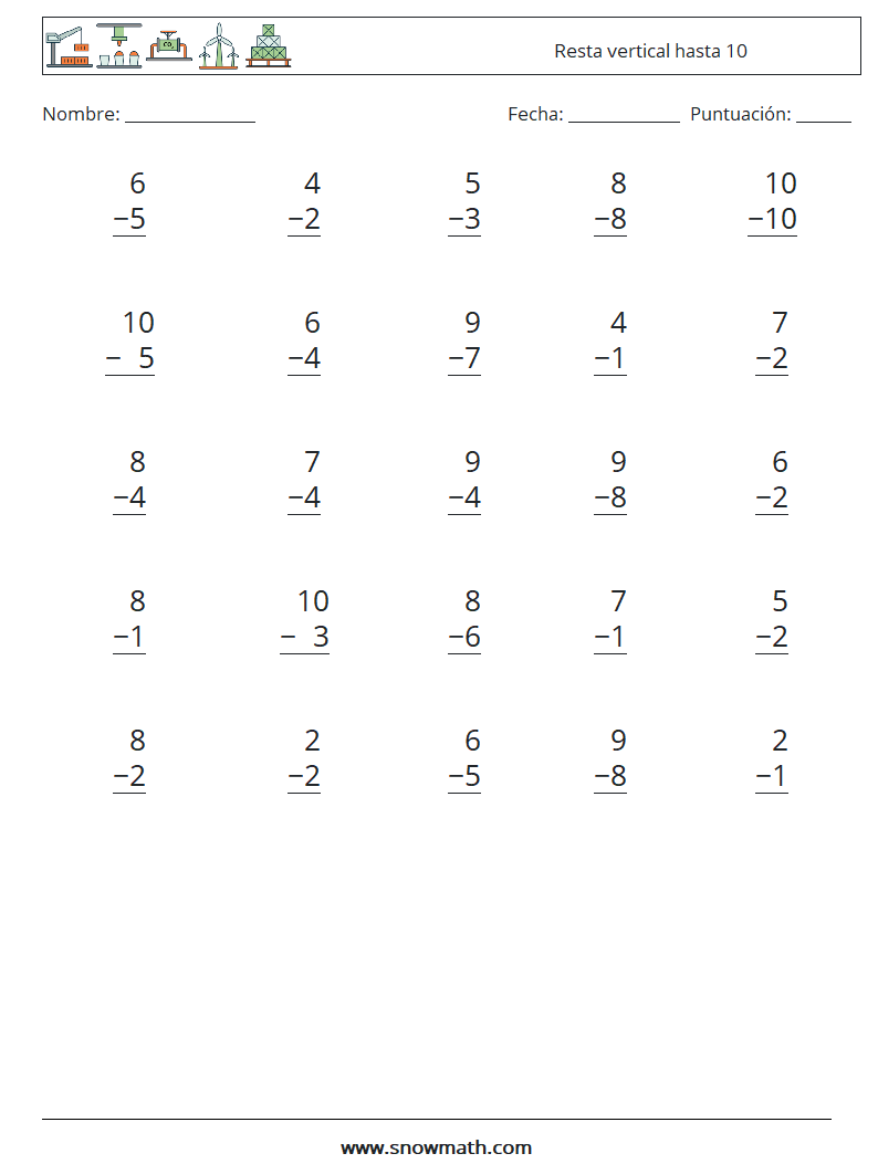 (25) Resta vertical hasta 10 Hojas de trabajo de matemáticas 2