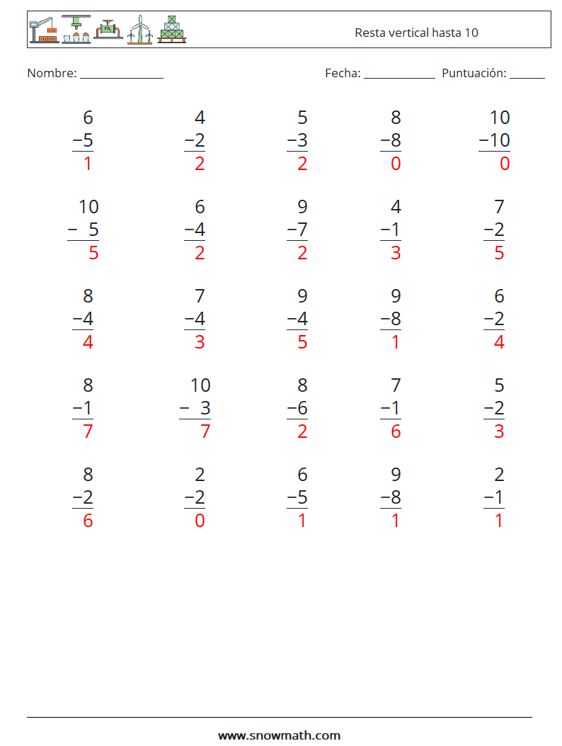 (25) Resta vertical hasta 10 Hojas de trabajo de matemáticas 2 Pregunta, respuesta