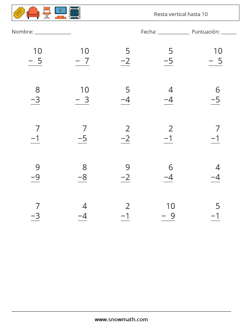 (25) Resta vertical hasta 10 Hojas de trabajo de matemáticas 4