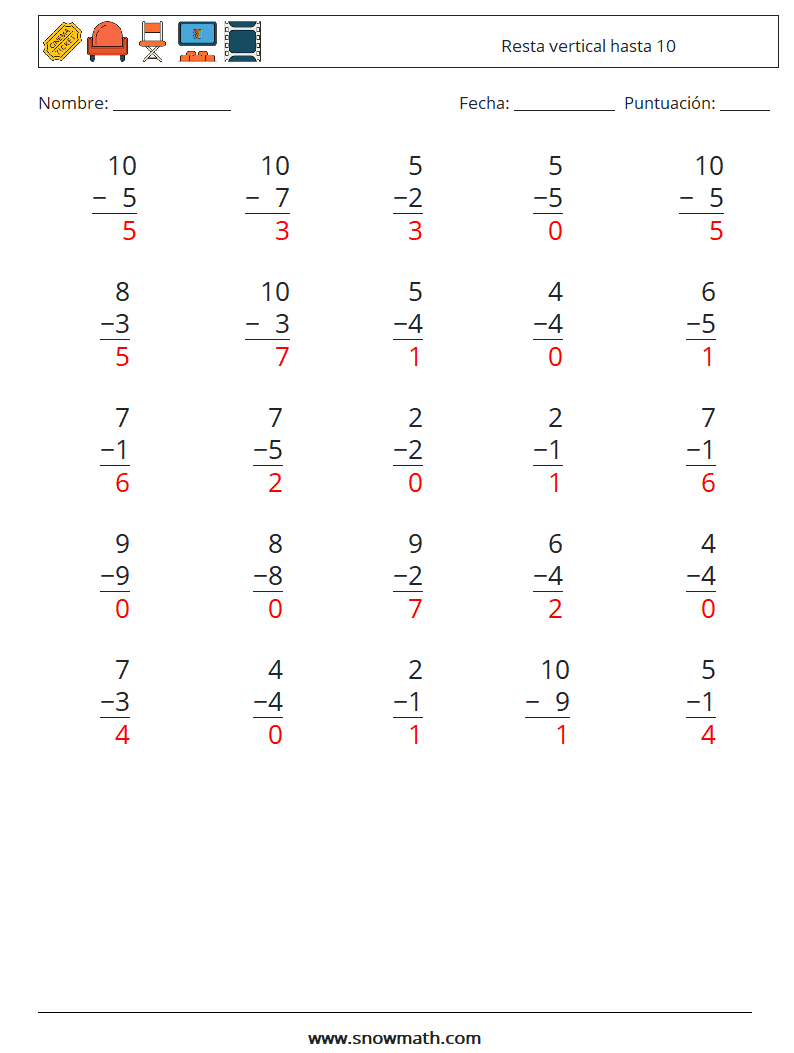 (25) Resta vertical hasta 10 Hojas de trabajo de matemáticas 4 Pregunta, respuesta