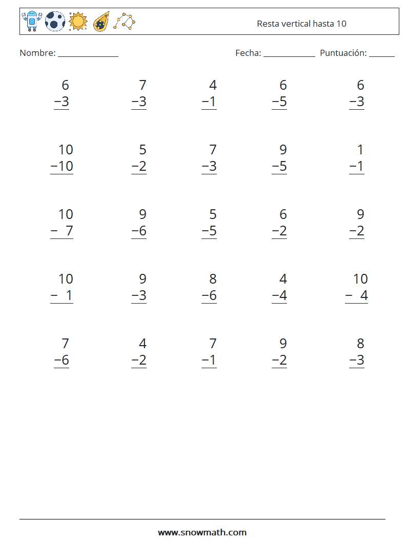 (25) Resta vertical hasta 10 Hojas de trabajo de matemáticas 5