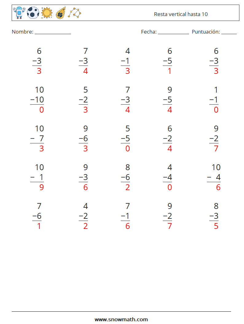 (25) Resta vertical hasta 10 Hojas de trabajo de matemáticas 5 Pregunta, respuesta