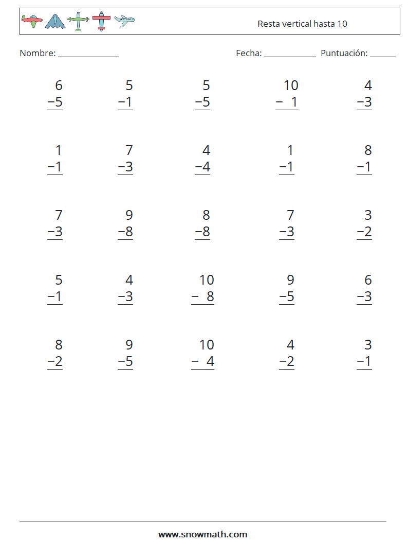 (25) Resta vertical hasta 10 Hojas de trabajo de matemáticas 7