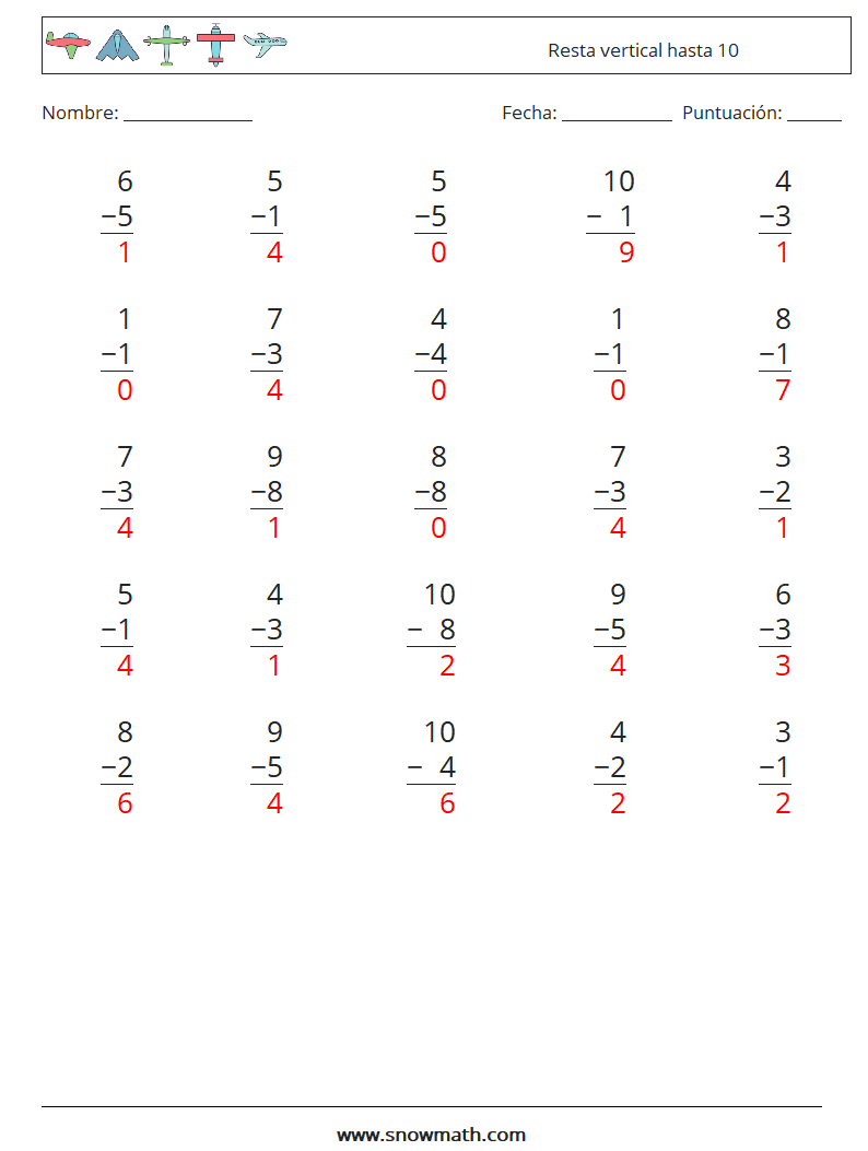 (25) Resta vertical hasta 10 Hojas de trabajo de matemáticas 7 Pregunta, respuesta