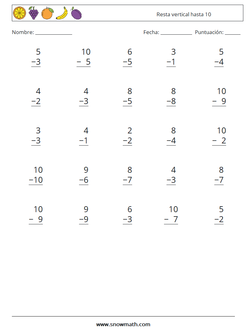 (25) Resta vertical hasta 10 Hojas de trabajo de matemáticas 8