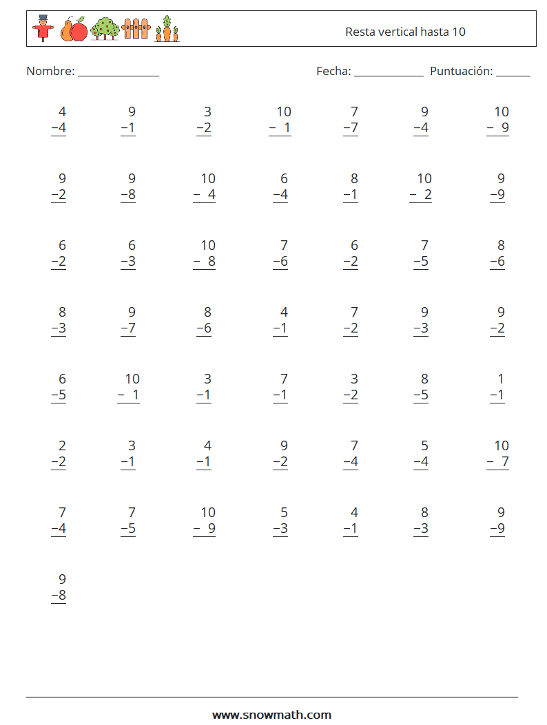 (50) Resta vertical hasta 10 Hojas de trabajo de matemáticas 1