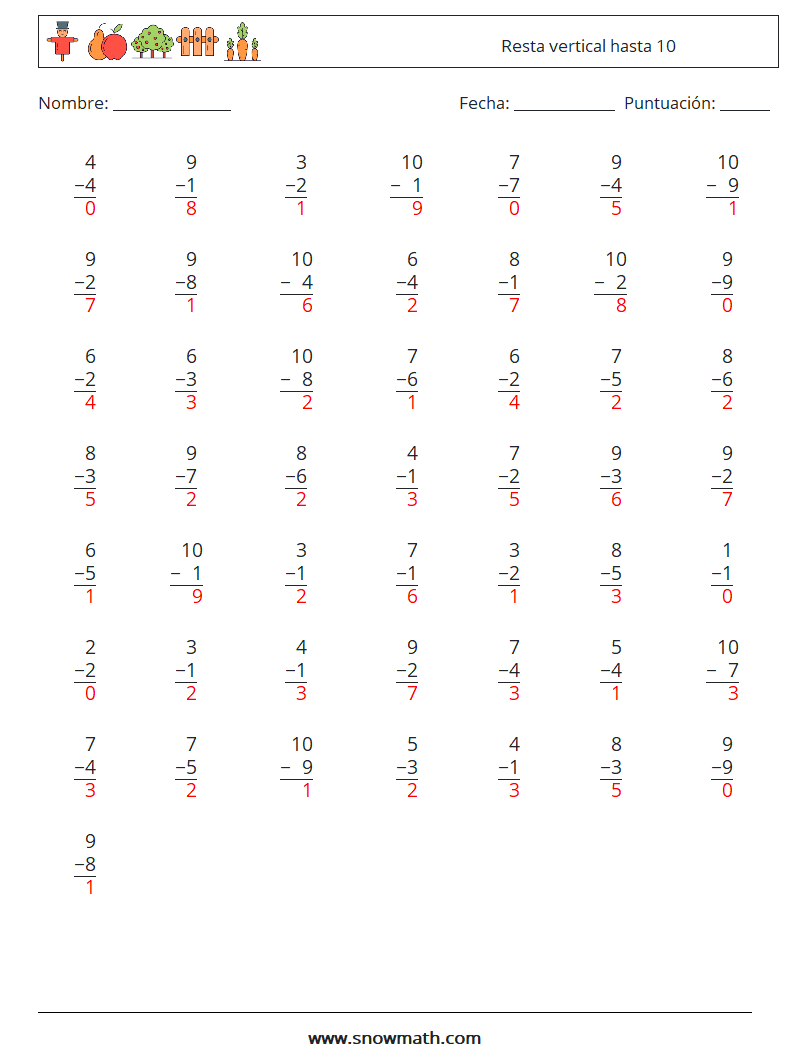 (50) Resta vertical hasta 10 Hojas de trabajo de matemáticas 1 Pregunta, respuesta