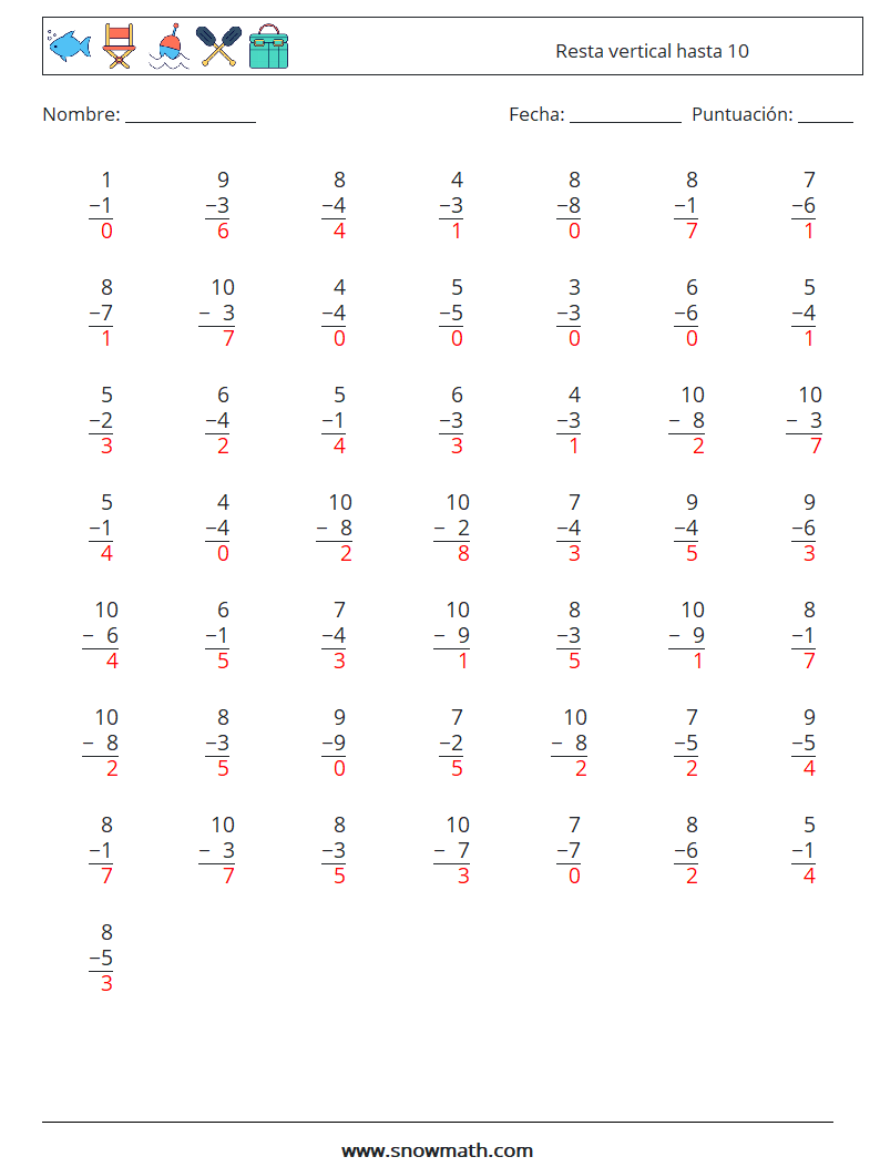 (50) Resta vertical hasta 10 Hojas de trabajo de matemáticas 2 Pregunta, respuesta