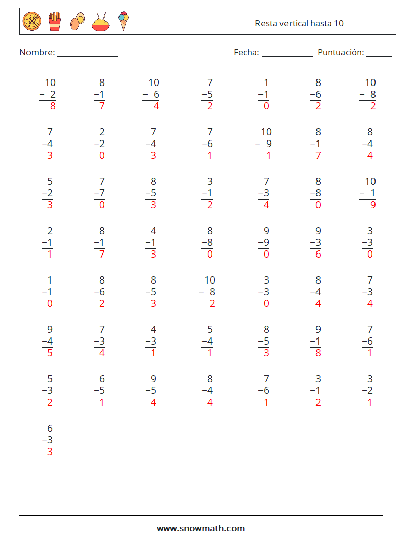 (50) Resta vertical hasta 10 Hojas de trabajo de matemáticas 3 Pregunta, respuesta