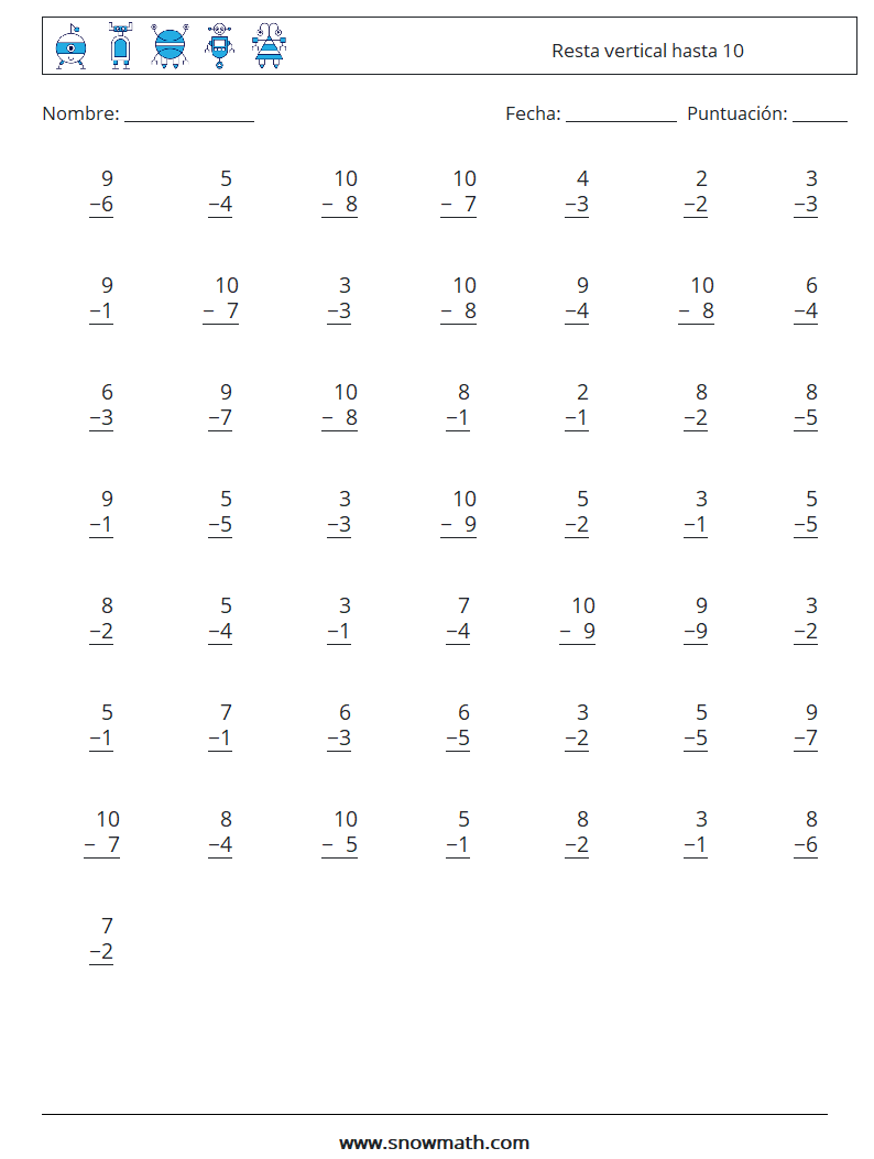 (50) Resta vertical hasta 10 Hojas de trabajo de matemáticas 4