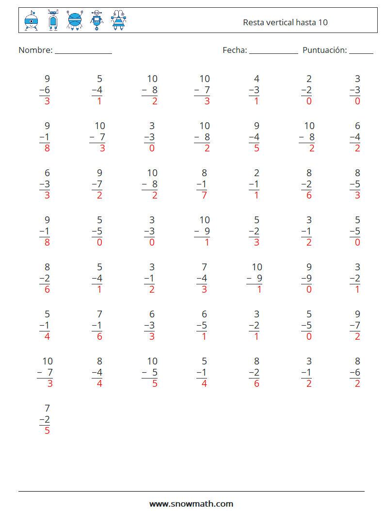 (50) Resta vertical hasta 10 Hojas de trabajo de matemáticas 4 Pregunta, respuesta