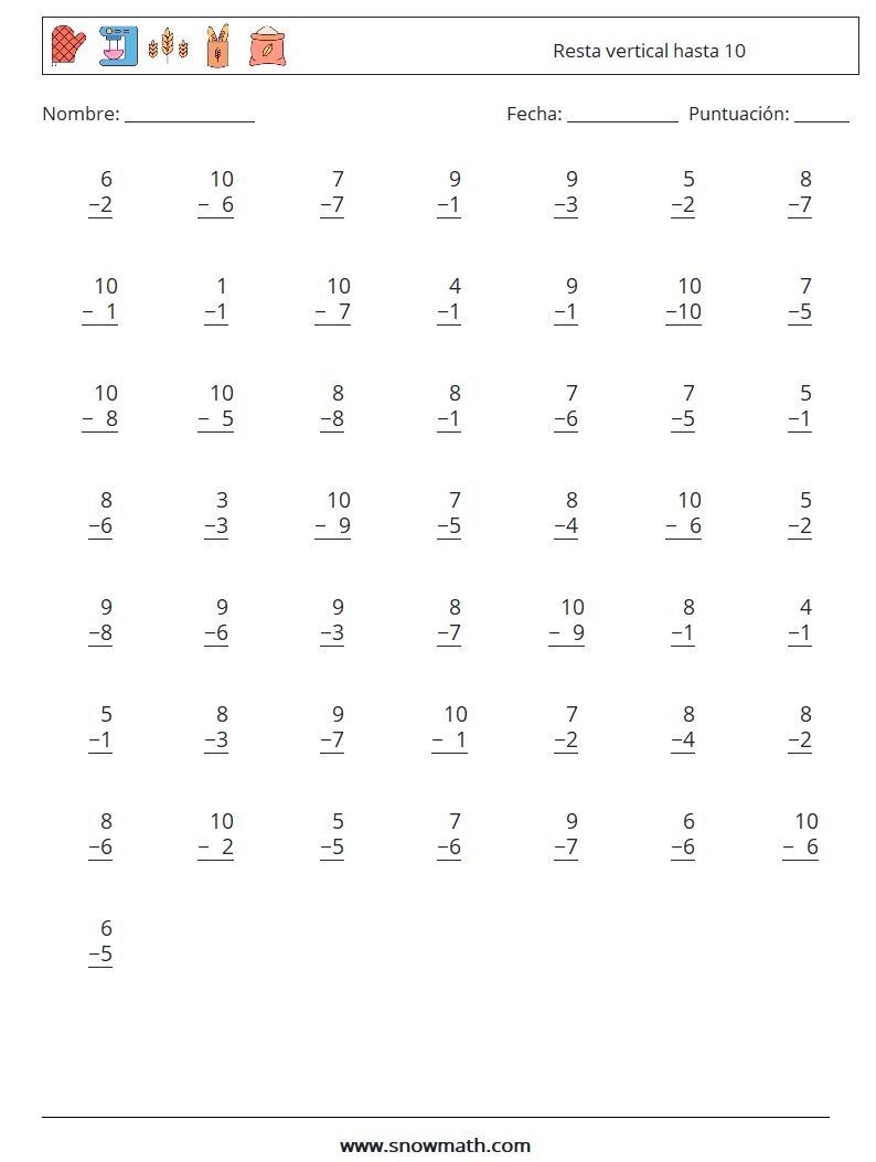 (50) Resta vertical hasta 10 Hojas de trabajo de matemáticas 5