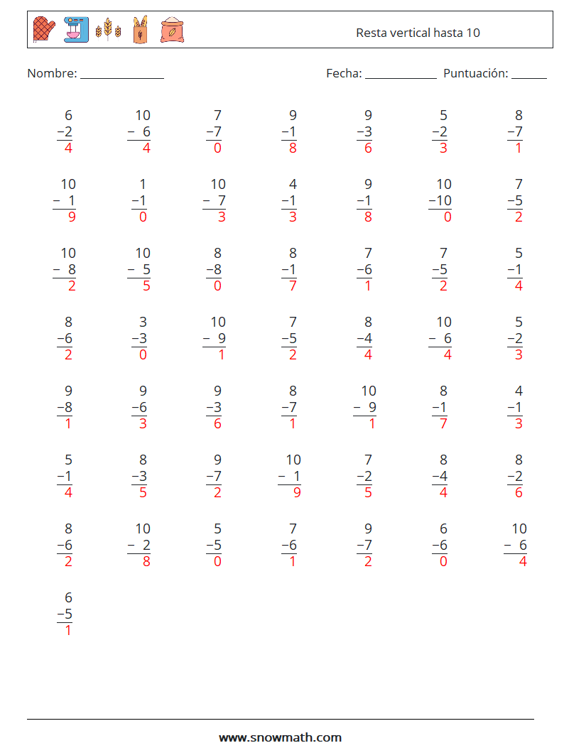 (50) Resta vertical hasta 10 Hojas de trabajo de matemáticas 5 Pregunta, respuesta