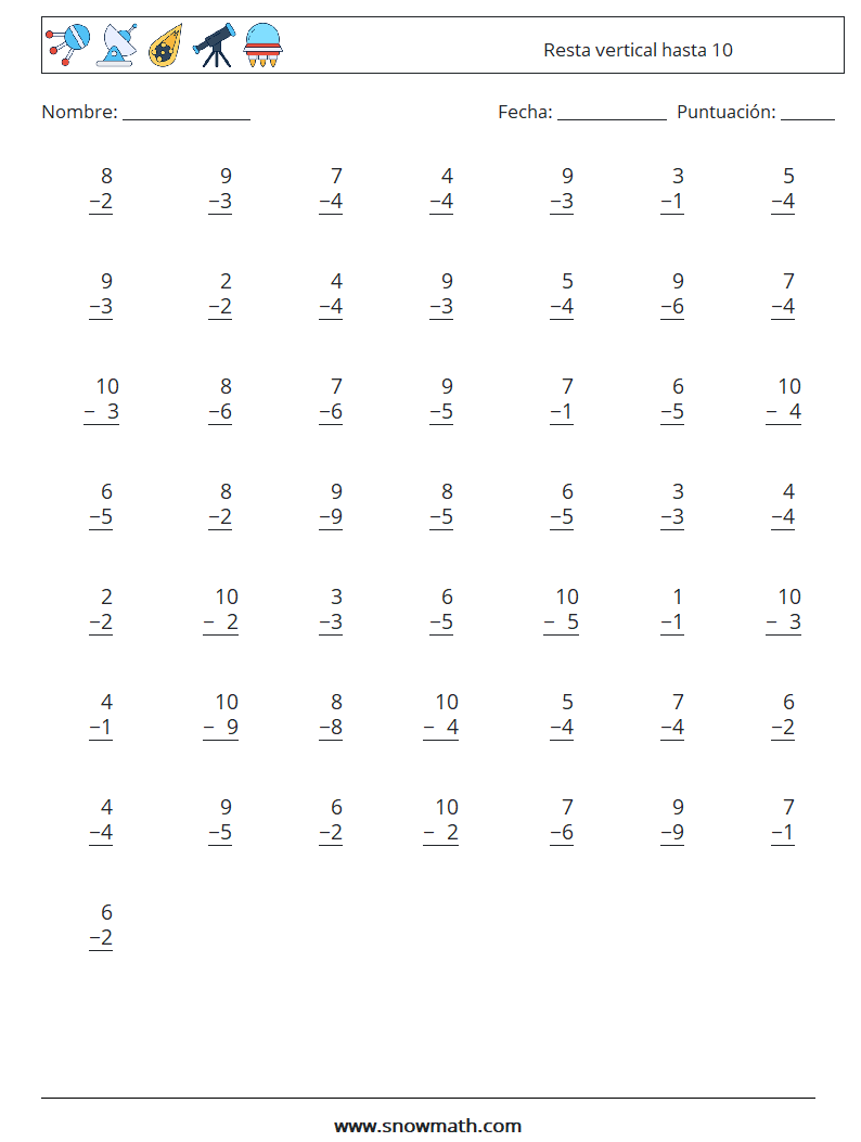 (50) Resta vertical hasta 10 Hojas de trabajo de matemáticas 6