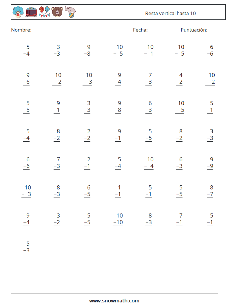 (50) Resta vertical hasta 10 Hojas de trabajo de matemáticas 7