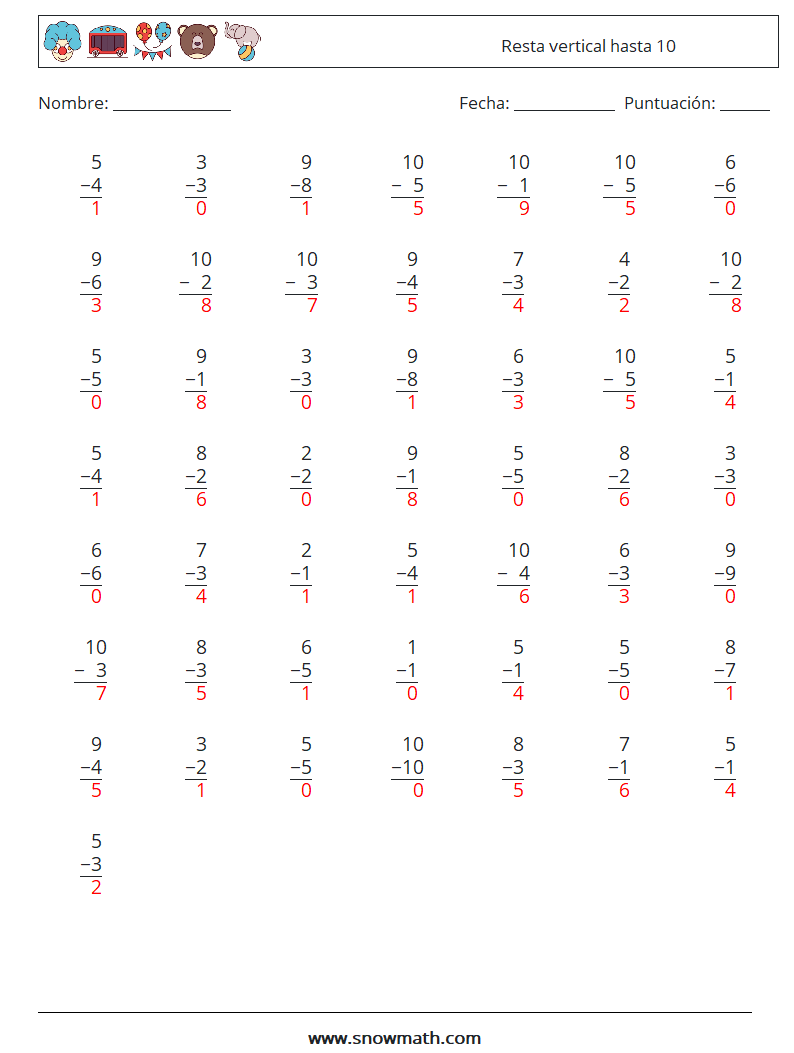 (50) Resta vertical hasta 10 Hojas de trabajo de matemáticas 7 Pregunta, respuesta