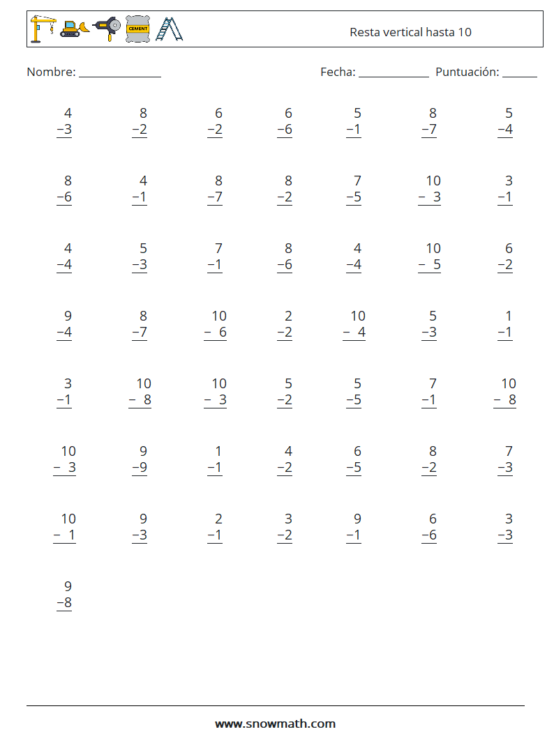 (50) Resta vertical hasta 10 Hojas de trabajo de matemáticas 8