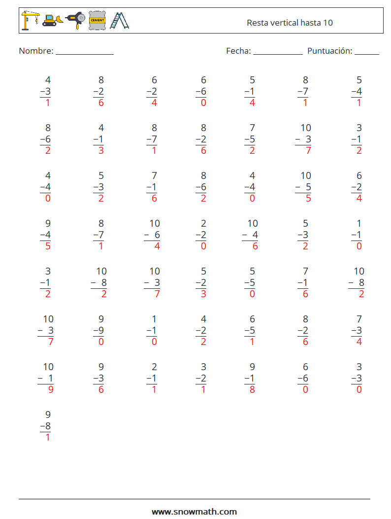 (50) Resta vertical hasta 10 Hojas de trabajo de matemáticas 8 Pregunta, respuesta