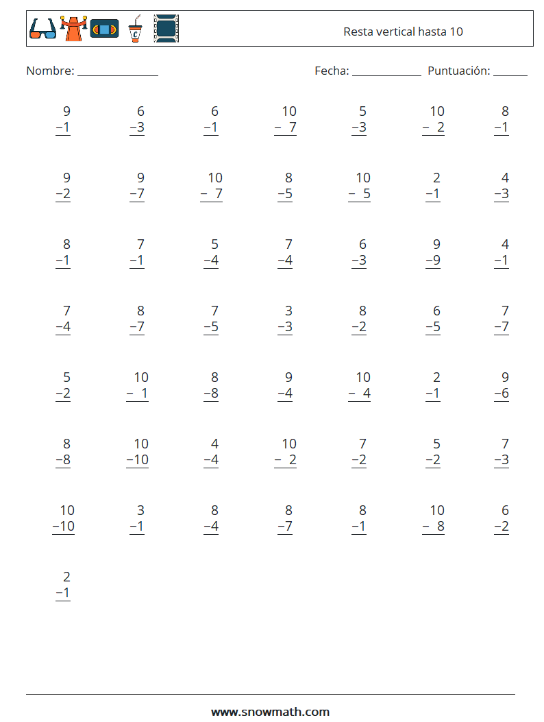 (50) Resta vertical hasta 10 Hojas de trabajo de matemáticas 9