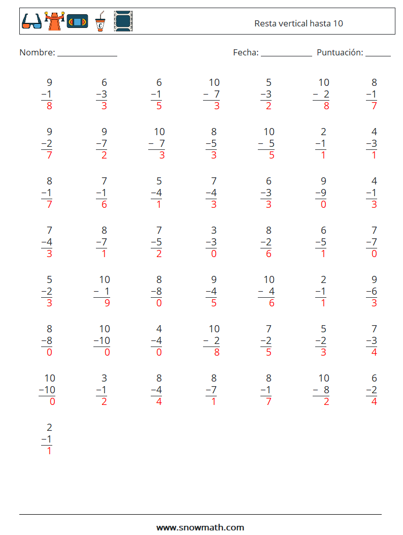 (50) Resta vertical hasta 10 Hojas de trabajo de matemáticas 9 Pregunta, respuesta