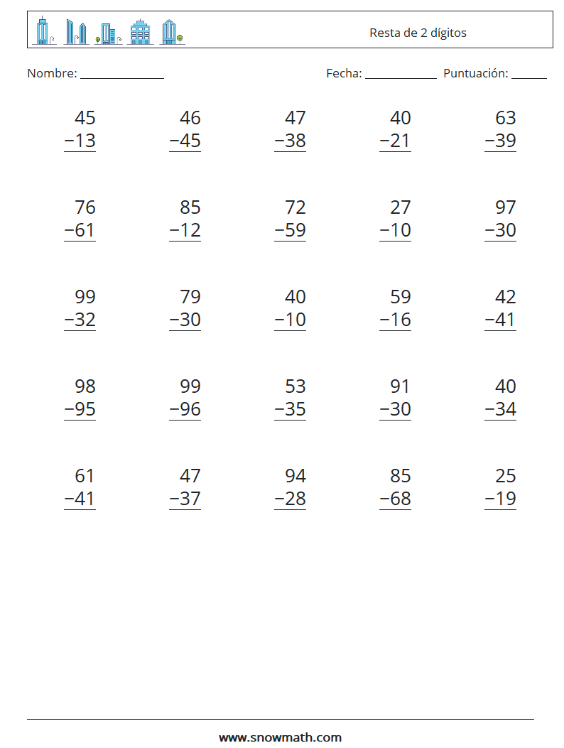 (25) Resta de 2 dígitos Hojas de trabajo de matemáticas 1