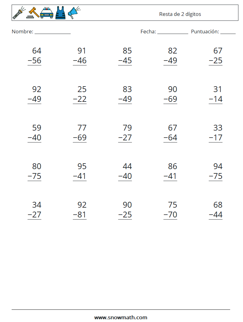 (25) Resta de 2 dígitos Hojas de trabajo de matemáticas 10