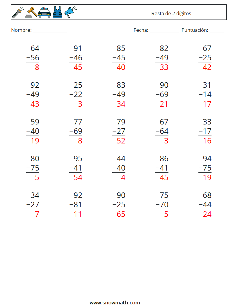 (25) Resta de 2 dígitos Hojas de trabajo de matemáticas 10 Pregunta, respuesta