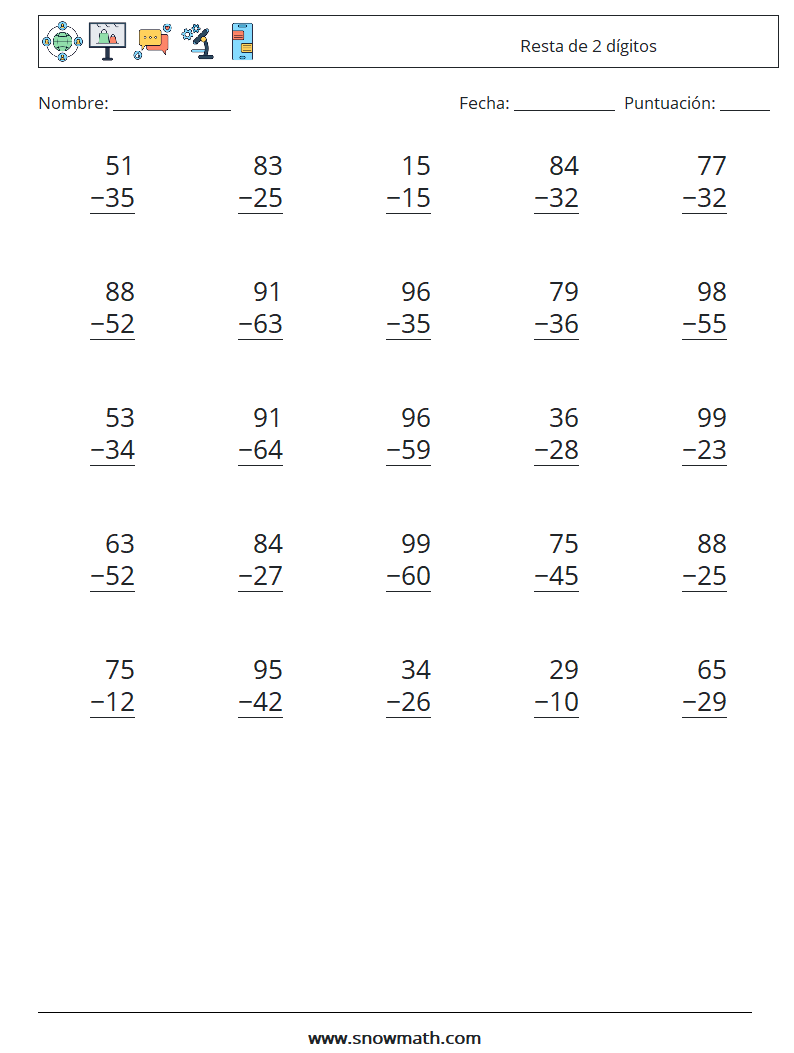 (25) Resta de 2 dígitos Hojas de trabajo de matemáticas 11