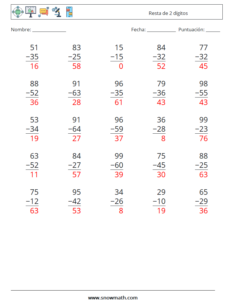 (25) Resta de 2 dígitos Hojas de trabajo de matemáticas 11 Pregunta, respuesta